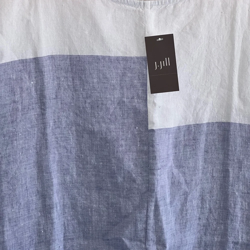 PURE JILL Top - White Linen Short Sleeve Pullover, Blue Color Block, Small‎ - Picture 4 of 8